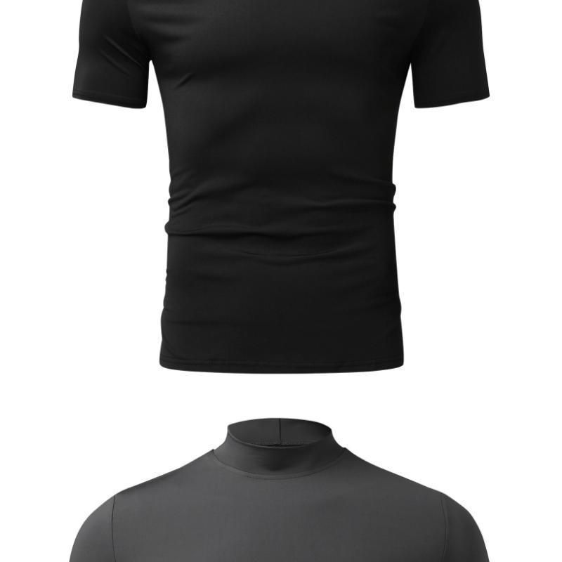 2024 Herbst Winter Stehkragen Kurzarm T-Shirt Herren Basishemd Einfarbiges Oberteil_voghion.com