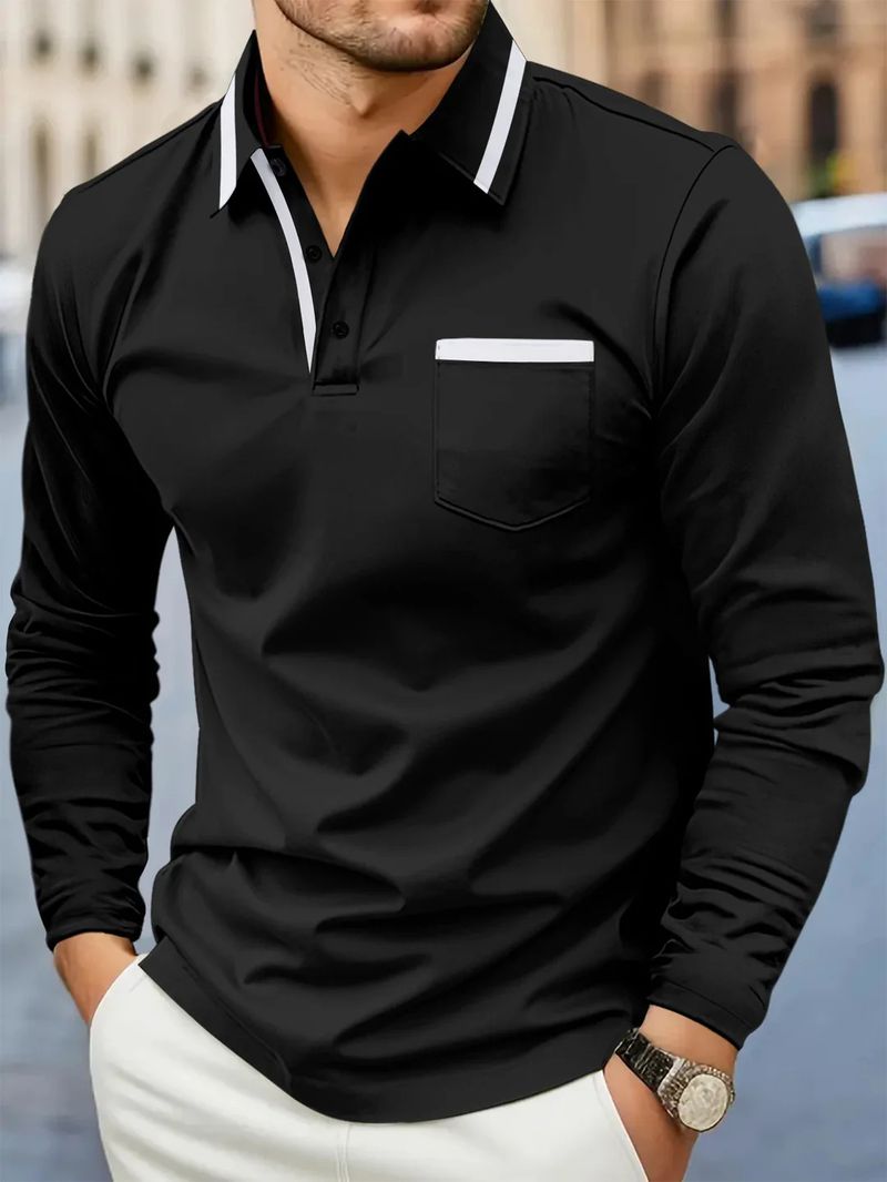 Polo casual da uomo a maniche lunghe con tasca, tessuto a maglia confortevole, vestibilità comoda, leggera e traspirante, adatta per lavoro e tempo libero._voghion.com
