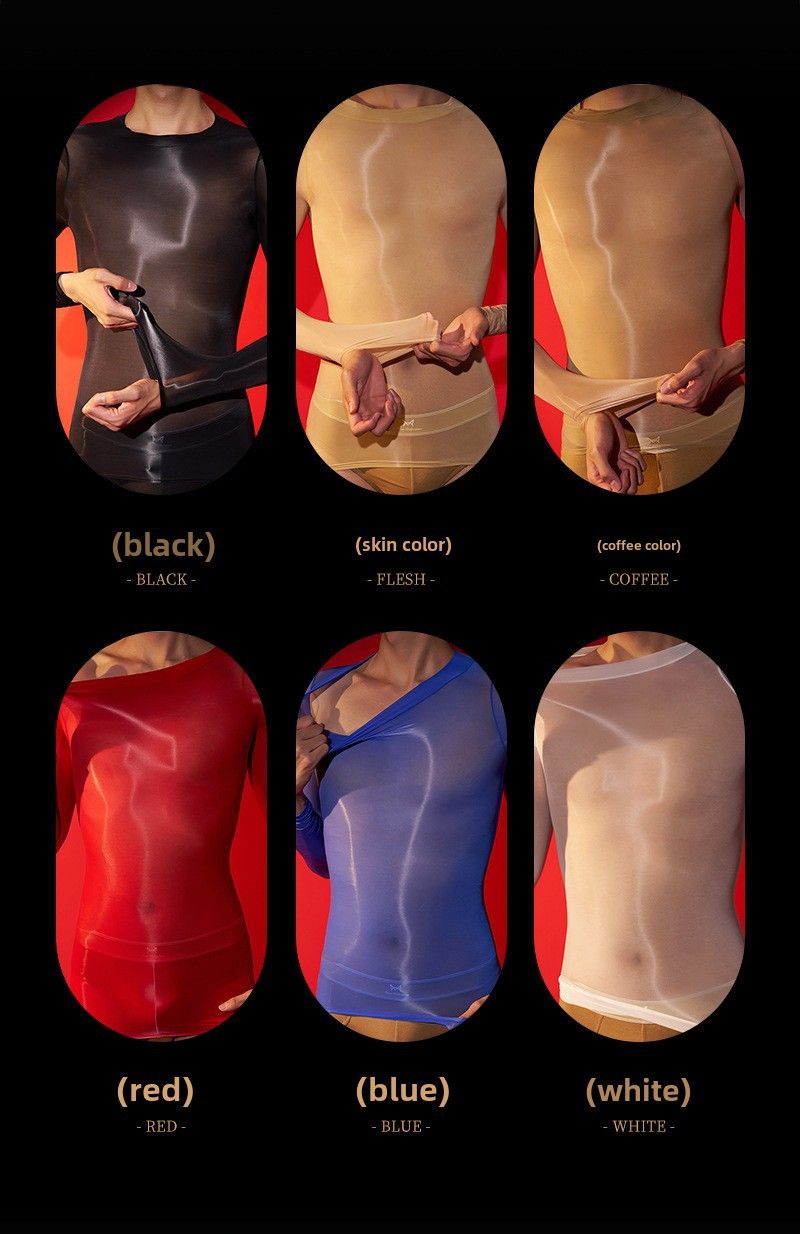 Europäische und amerikanische langärmelige, enge Bademode mit Perspektive, hochelastische Dessous, transparente Seidenstrümpfe, Oberteil, ölige, seidige Pferdeölsocken_voghion.com