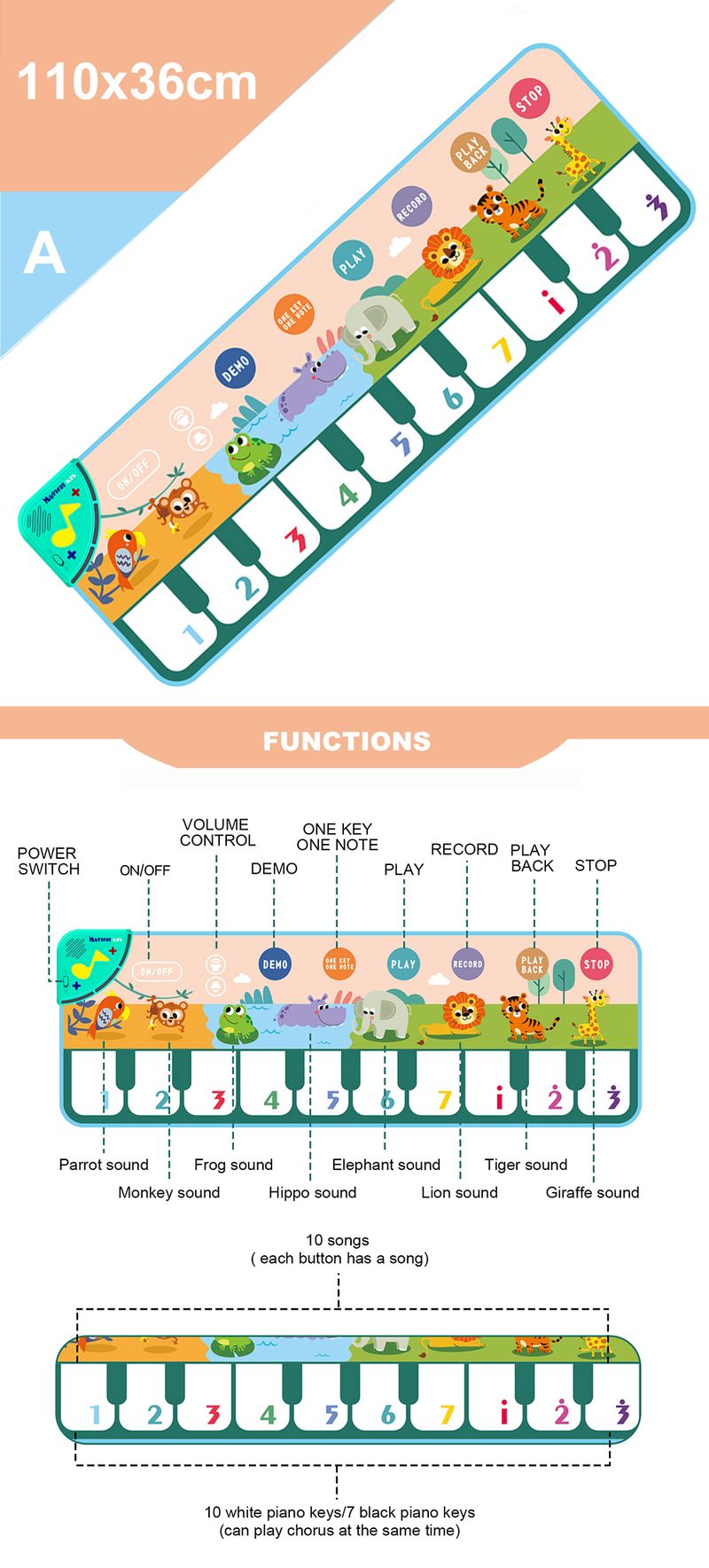 110x36cm Children's Music Piano Mat Fun Parent-child Dance Early Education Enlightenment Multifunctional Crawling Game M_voghion.com