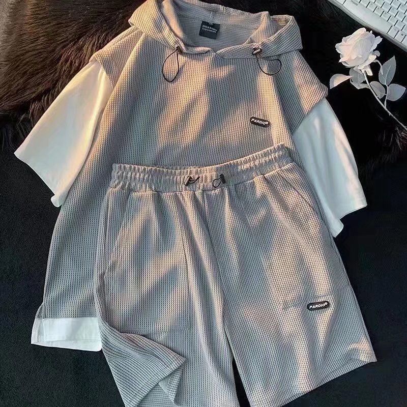 Roupas masculinas Internet celebridade ternos moderno versátil estilo coreano bonito estilo Hong Kong solto fino esportes manga curta shorts terno de duas peças_voghion.com
