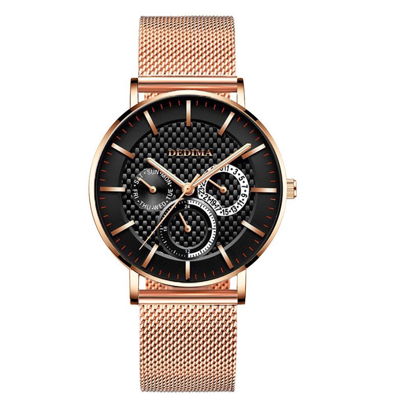 Reloj Detima Fashion ultrafino con tres esferas y seis agujas, multifuncional, con correa de malla de acero_voghion.com