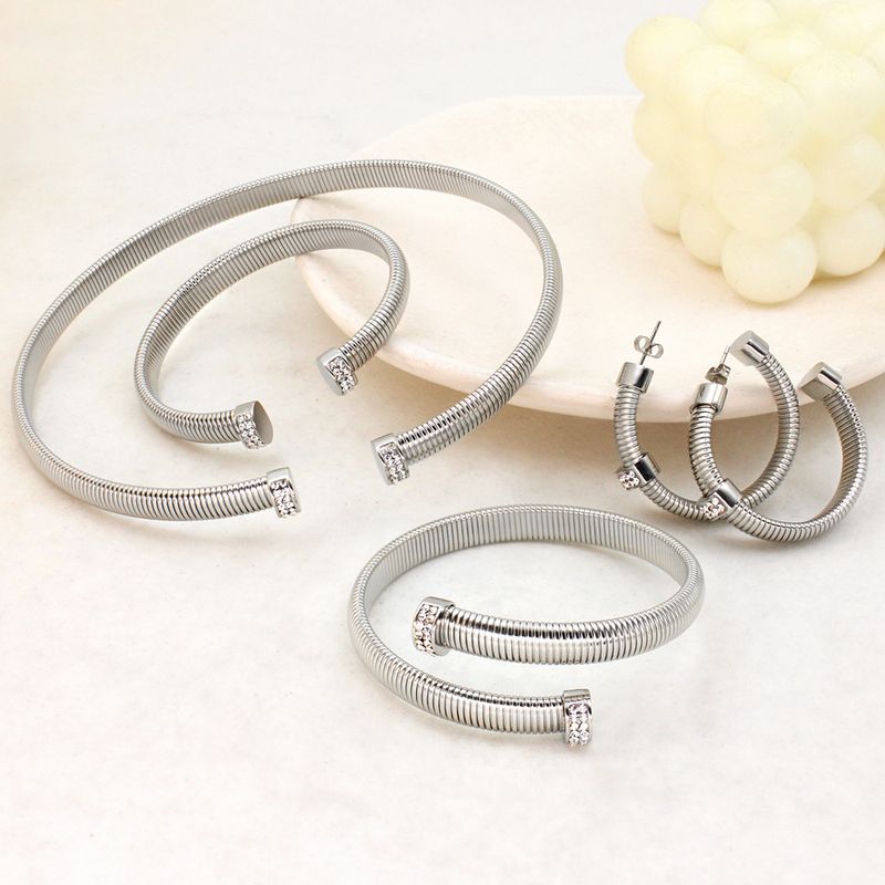 Wemen's Jewelry Titanium Steel Zircon Necklace Earrings Open Bracelet Collar Set_voghion.com