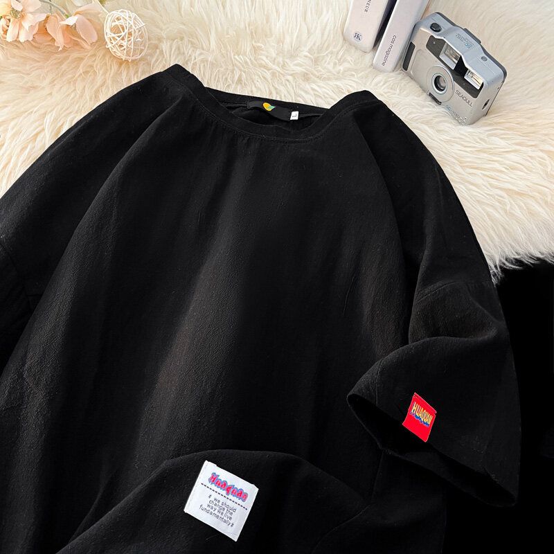 2025 Outfit estivo Nuovo taglio tridimensionale con cuciture T-shirt larga in cotone e lino a cinque quarti con scollo a V casual_voghion.com