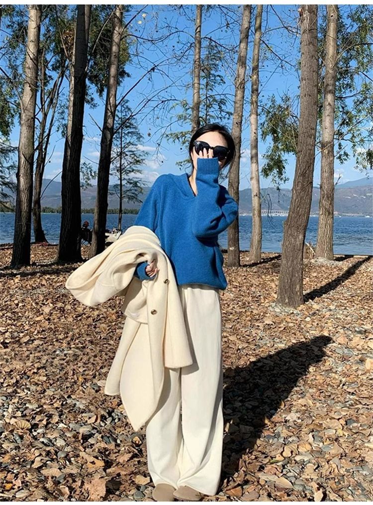 Klein Blue Hooded Sweater For Women, New Autumn Winter Lazy Style, Soft And Cozy Inner Layer, Knitted Fashion Top_voghion.com