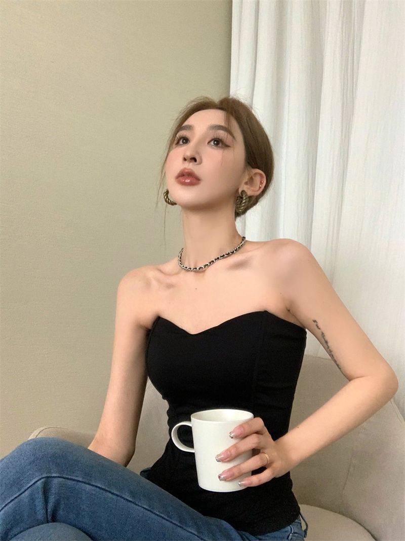 Würzige sexy Fischgrätenweste für Damen, Sommer, schwarz, elegant, trägerlos, kurzes Top für Innen- und Außenbekleidung_voghion.com