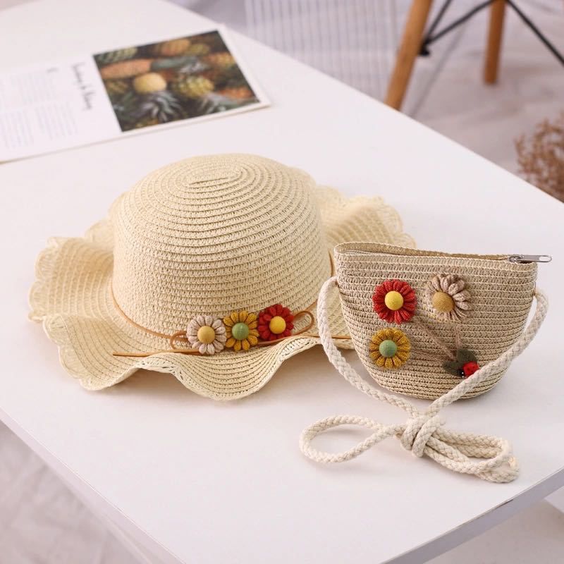 Moda Ragazze Paglia Età Turismo Fiore Bambini Cappello da Sole e Borsa Set Bambino Esterno Tesa Larga Cappelli da Pescatore per Bambini_voghion.com