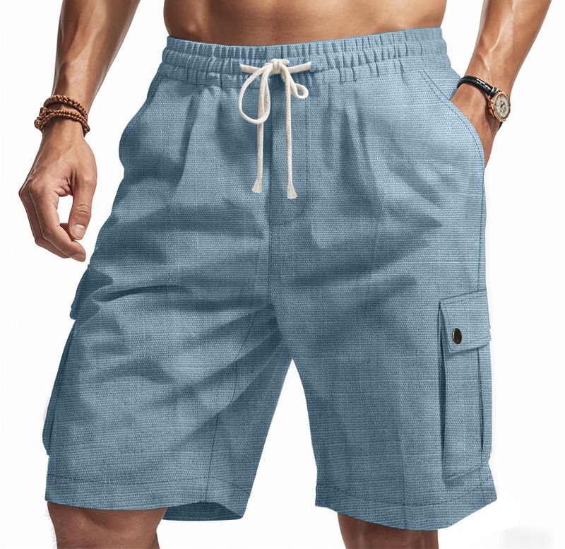 Pantalones cortos casuales de playa de lino con nudo de bambú para hombre de American Amikaji Outdoor Tactical Workwear de verano_voghion.com