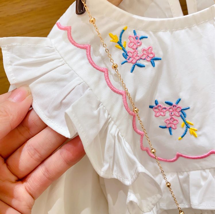 Abbigliamento per bambini Ragazze Colletto in pizzo ricamato Maniche a tromba Maglietta per neonati Jeans con spacchi Set due pezzi_voghion.com
