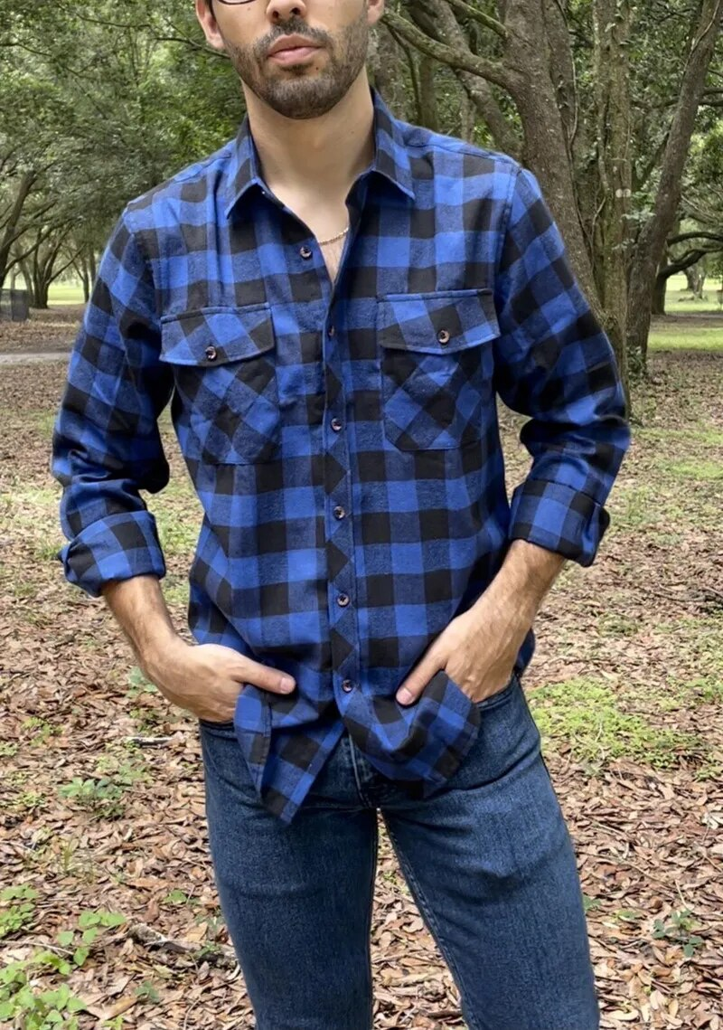 Fall Men's Flannel Plaid Long-Sleeved Casual Button Shirt USA Regular Fit Size S To 2XL, Classic Checkered, Double_voghion.com