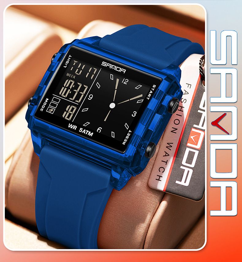 Square Multi-Function Digital Analog Watch With Transparent Case, Dual Time Display, Alarm, Stopwatch, Waterproof, And Luminous Feature_voghion.com