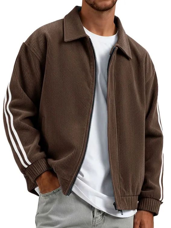 "Men's Corduroy & Polyester Zip-Up Jacket – Ribbed Collar, Relaxed Fit, Windproof Casual Coat (S-4XL, 10 Colors, Business-to-Street Style)"_voghion.com