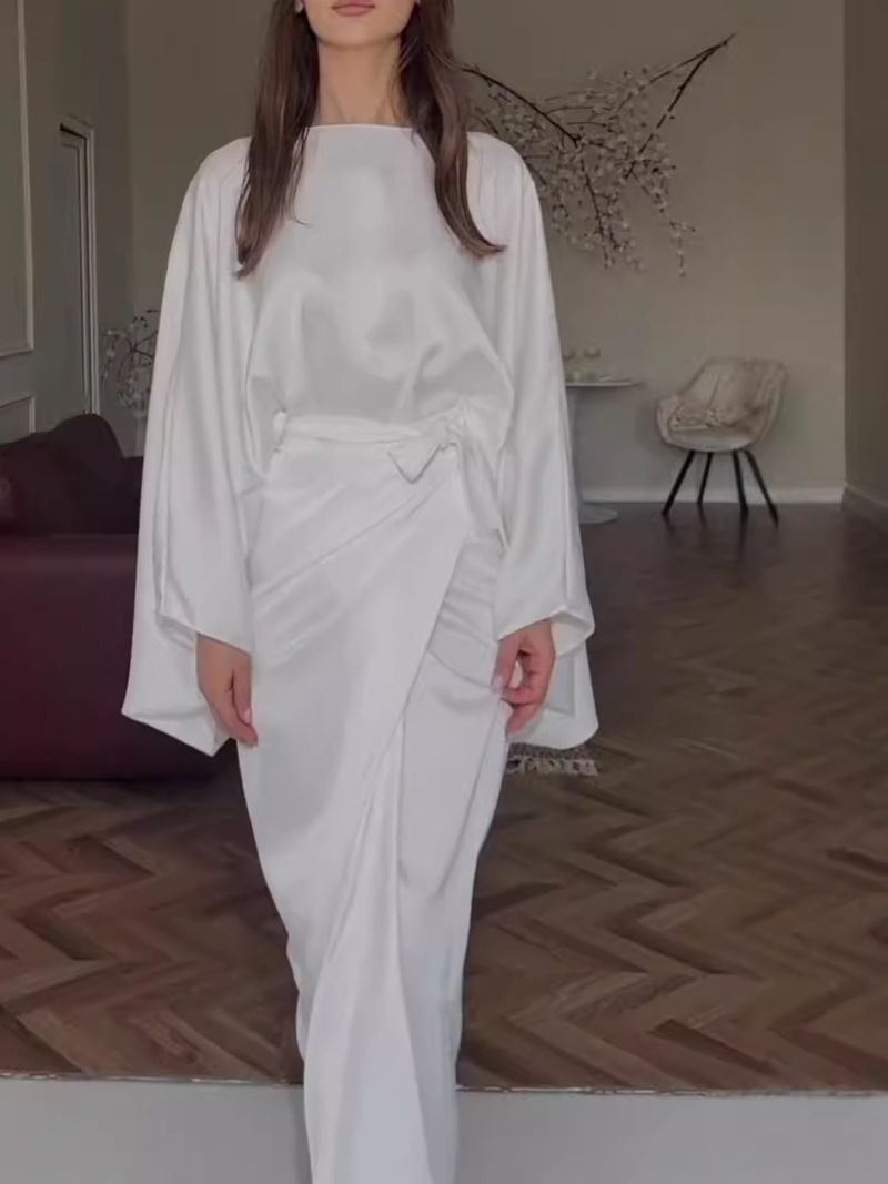 Women's Clothing simple bat sleeve tie waist slim solid color dress for women_voghion.com