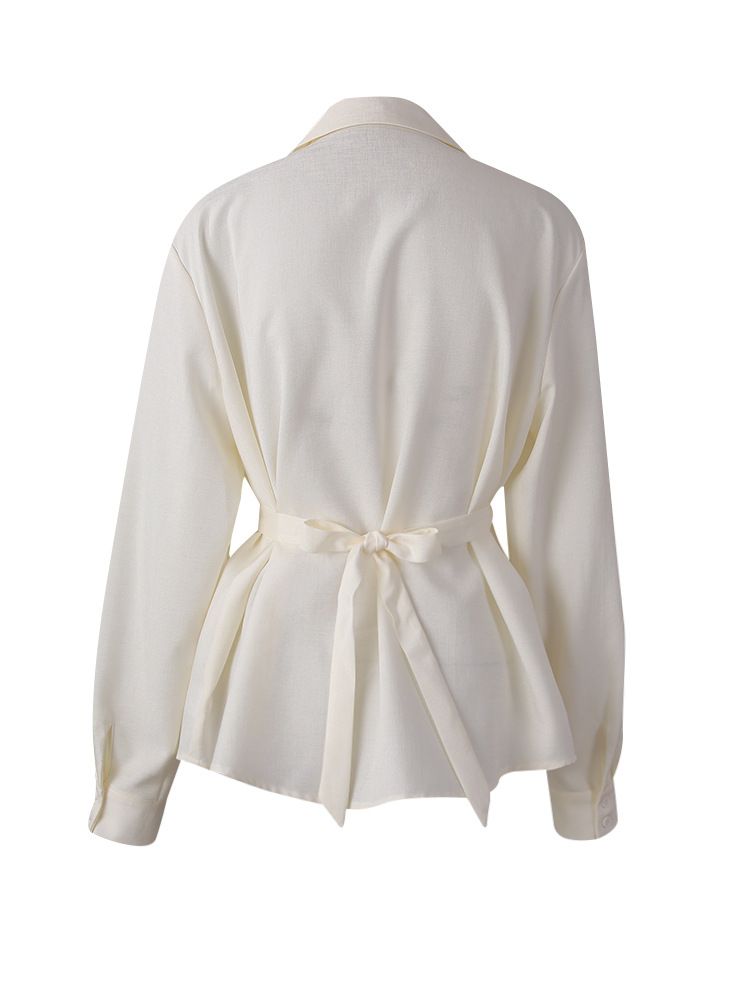 Französisch inspirierte Wickelbluse – Langarmshirt mit V-Ausschnitt und Gürtel (S-L, knitterfreie Poly-Baumwollmischung)_voghion.com
