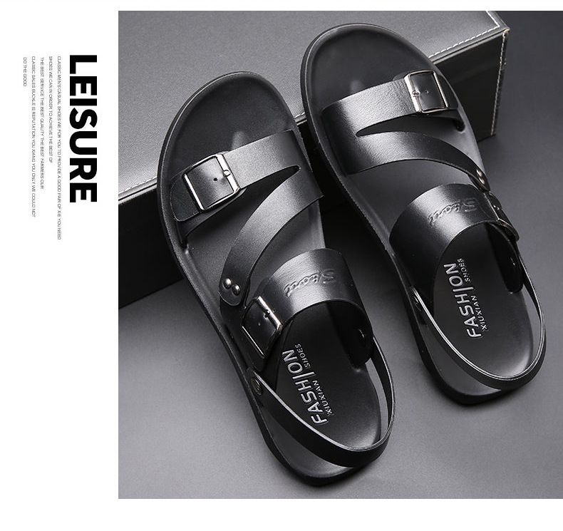 Fashion Comfortable Men's Sandals Solid Color Open Toe Mens Leather Sandals 2023 New Slippers Beach For Male Leather Footwear_voghion.com