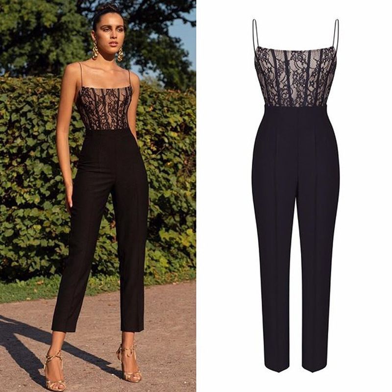 Damenbekleidung sexy ärmelloser Jumpsuit mit Spitzen-Hosenträgern_voghion.com