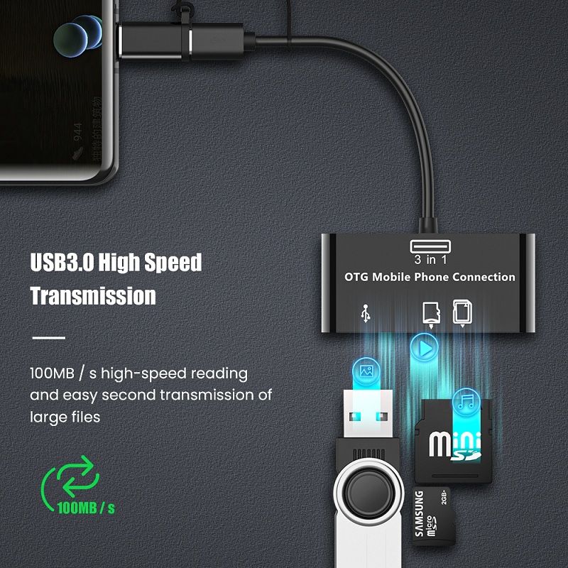 3 u 1 Micro USB Type-C OTG univerzalni čitač kartica za proširenje, višenamjenski čitač kartica, TF/SD/U disk/adapter za kameru mobitela_voghion.com