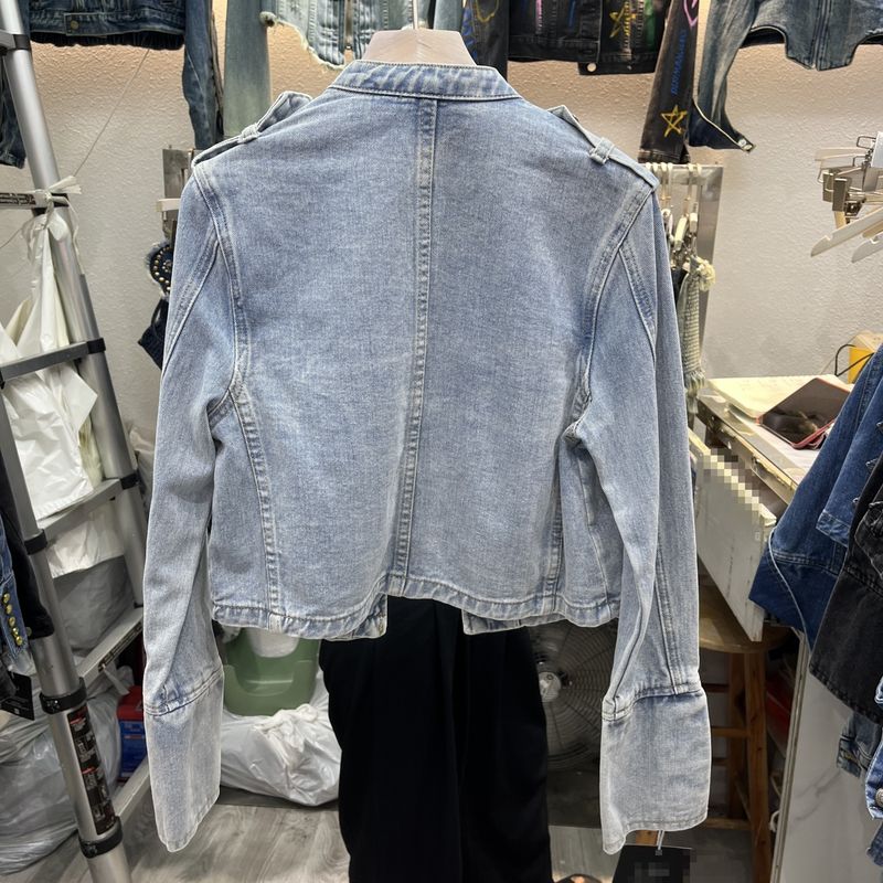 Vêtements pour femmes, style palais rétro, haut boutonné à manches longues, mode printemps et automne, col montant, veste courte en jean_voghion.com