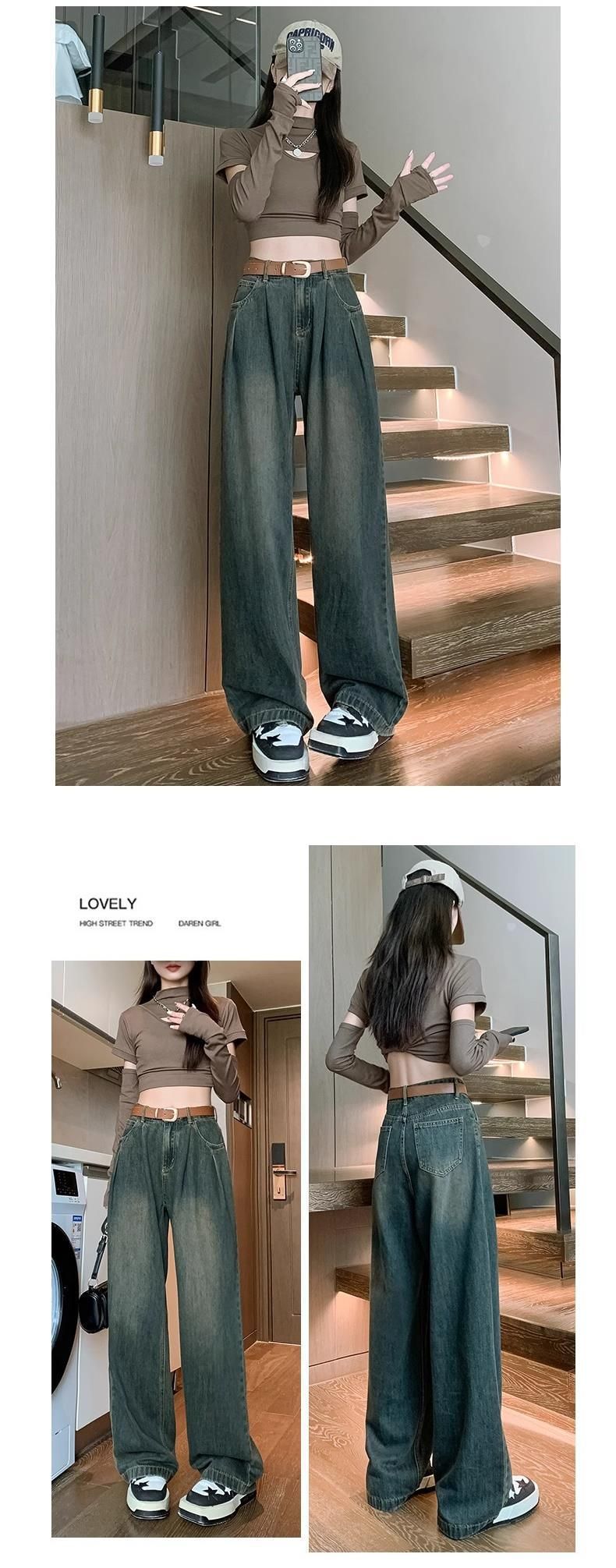 Zementgraue weite Jeans für Damen im Herbst, neue hoch taillierte amerikanische gerade Beinhose, lockere und vielseitige hängende Bodenhose_voghion.com