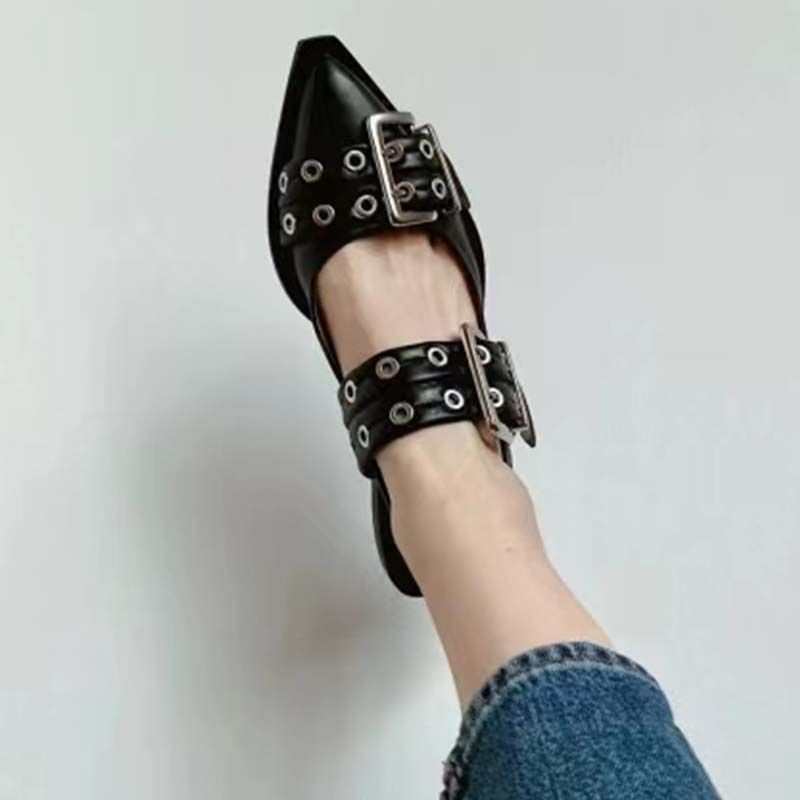 2024 Frühjahr/Sommer Neue Spitz Gürtel Schnalle Muller Echtes Leder Flache Unterseite Mary Jane Zurück Air Sandalen frauen Single_voghion.com