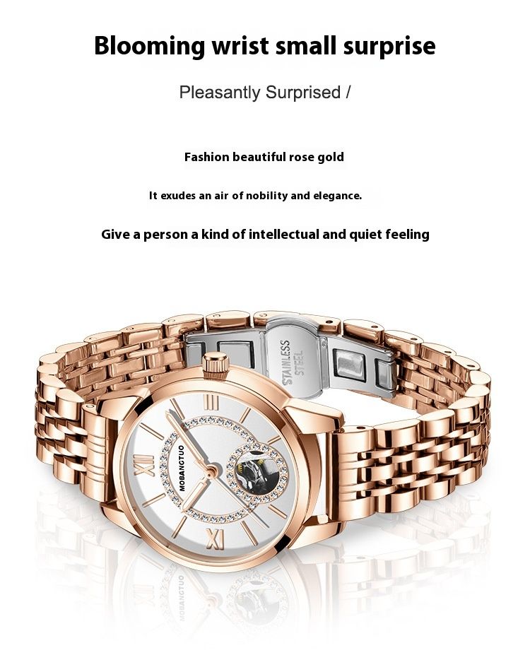Ceas mecanic de damă, complet automat, la modă, cu incrustații de diamante, cu mecanism modern, culoare goală, curea din oțel impermeabilă_voghion.com