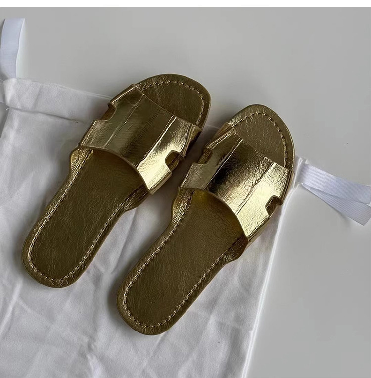 Versione in pelle di pecora ~ Pantofole con una sola parola in pelle dorata pubblica da donna Sandali e pantofole con mezze pantofole aperte piatte estive da donna_voghion.com