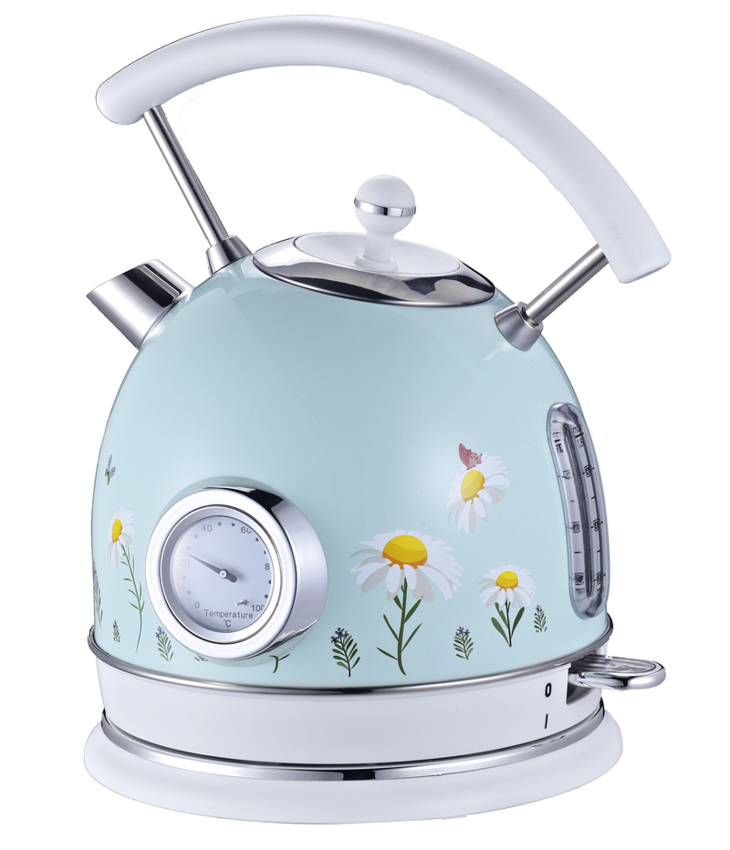 PS823NT Rapid Boiling Electric Kettle, Light Blue Floral Electric Kettle, Retro STRIX Temperature Controller + Water Level Gauge, 2200W,1.8L SUS304, No BPA LED Light, Wide Drain Design,_voghion.com