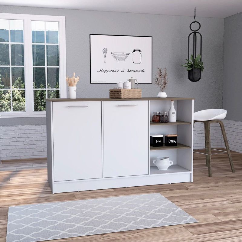 kitchen Island Teramo, Three Open Shelves, White / Dark Brown Finish_voghion.com