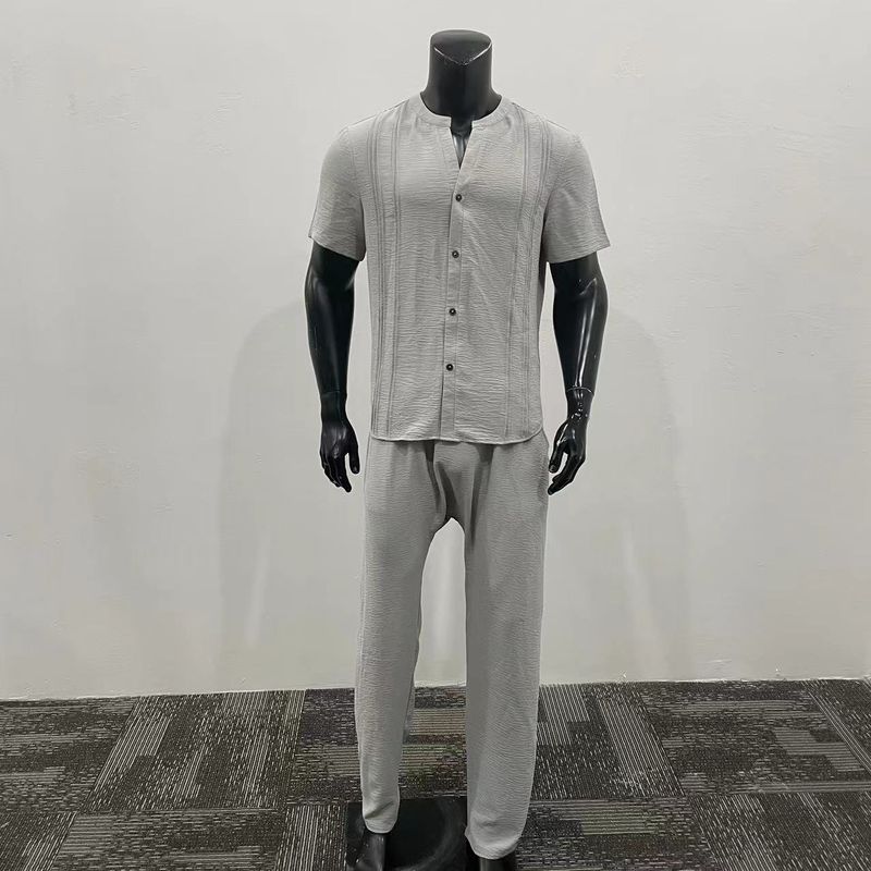 Herrkläder Kortärmad skjorta Fritidsbyxor Tvådelade Ny lös trend Enfärgad sommardräkt för män_voghion.com