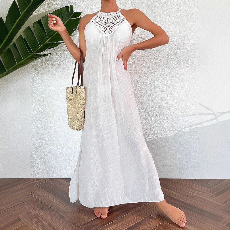 Abito lungo da spiaggia per le vacanze da donna, con scollo all'americana, in pizzo e traforato_voghion.com