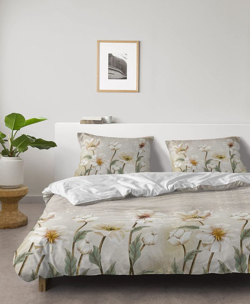 Zestaw pościeli Retro White Floral, trzyczęściowy, poszewka na kołdrę, miękki poliester, faktura frezowanego aksamitu_voghion.com