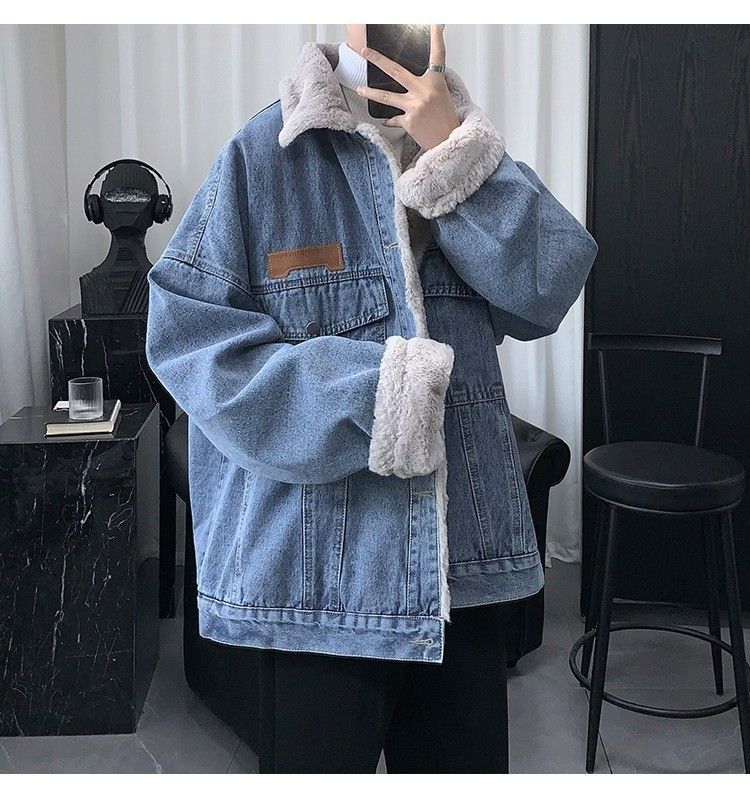 Lammwolle-Jeansjacke für Herren, Retro, amerikanische High Street, lockere Fleecejacke, Baumwollmantel_voghion.com