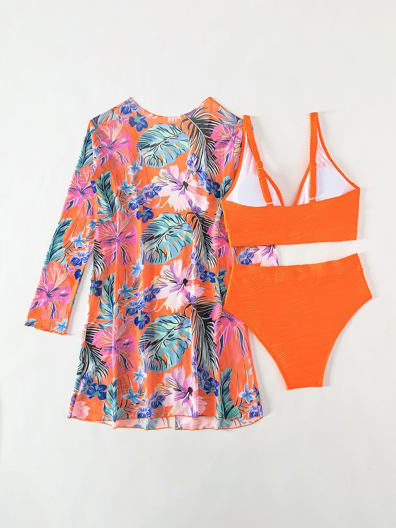 costume da bagno in tre pezzi diviso da donna a maniche lunghe bikini celebrità di Internet a vita alta tinta unita_voghion.com