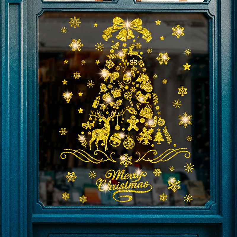 Calcomanías estáticas premium para ventana de árbol de Navidad - Juego de 4 pegatinas reutilizables (30 x 37 cm, acabado esmerilado dorado/plateado)_voghion.com