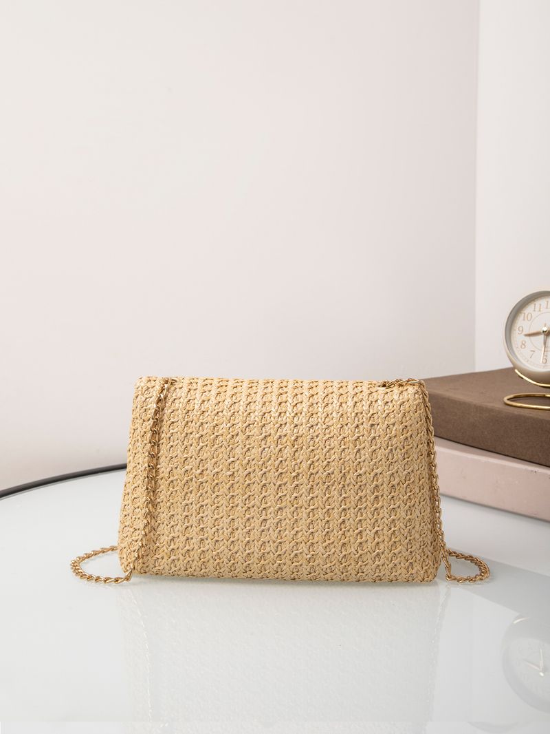 Borsa a tracolla estiva intrecciata da donna - Borsa in paglia con chiusura a diamante e tracolla a catena (borsa a tracolla minimalista da donna)_voghion.com