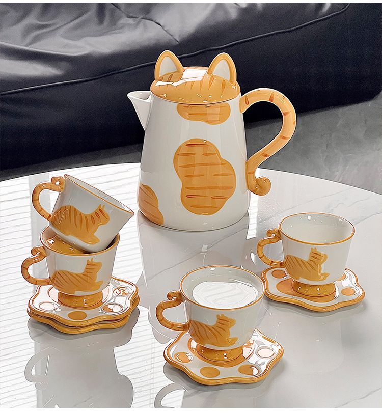Modern Nordic Cat-Themed Ceramic Tea Set – Elegant 1400ml Pitcher & 4 Cups Gift Set, Housewarming & Birthday Present_voghion.com