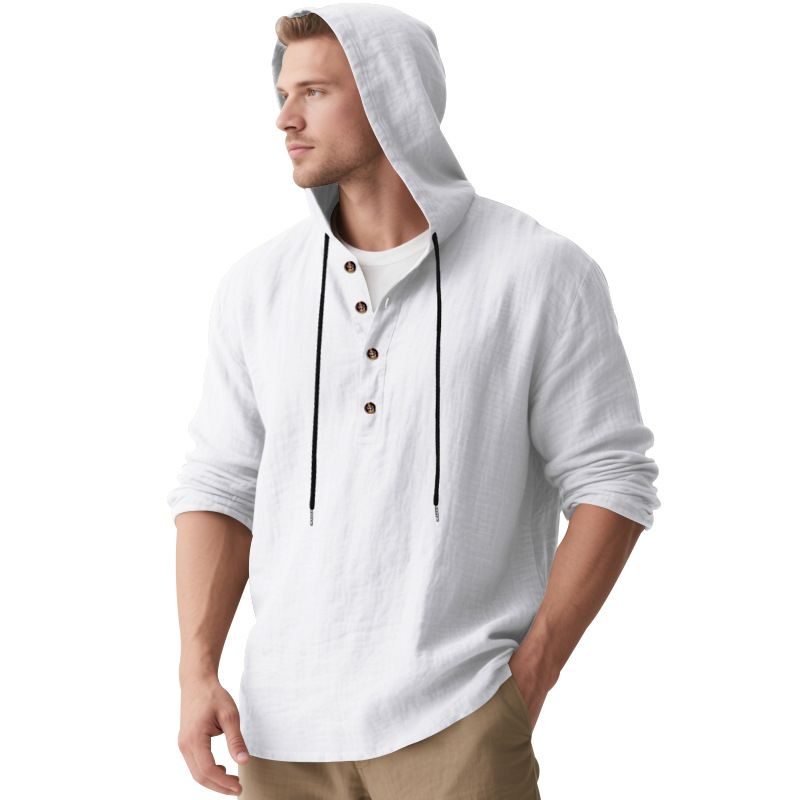 Lente en herfst lang mouwen linnen overhemd heren capuchon casual losse T-shirt trui heren_voghion.com