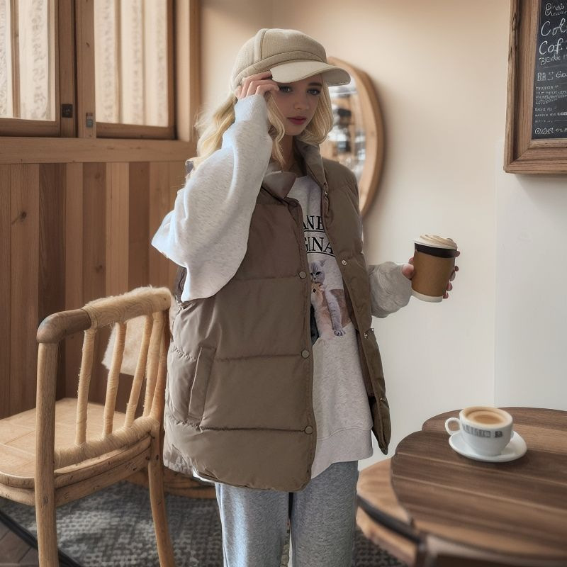 Gilet in piumino di cotone Colletto rialzato da donna Gilet corto in cotone allentato Gilet leggero Marea_voghion.com