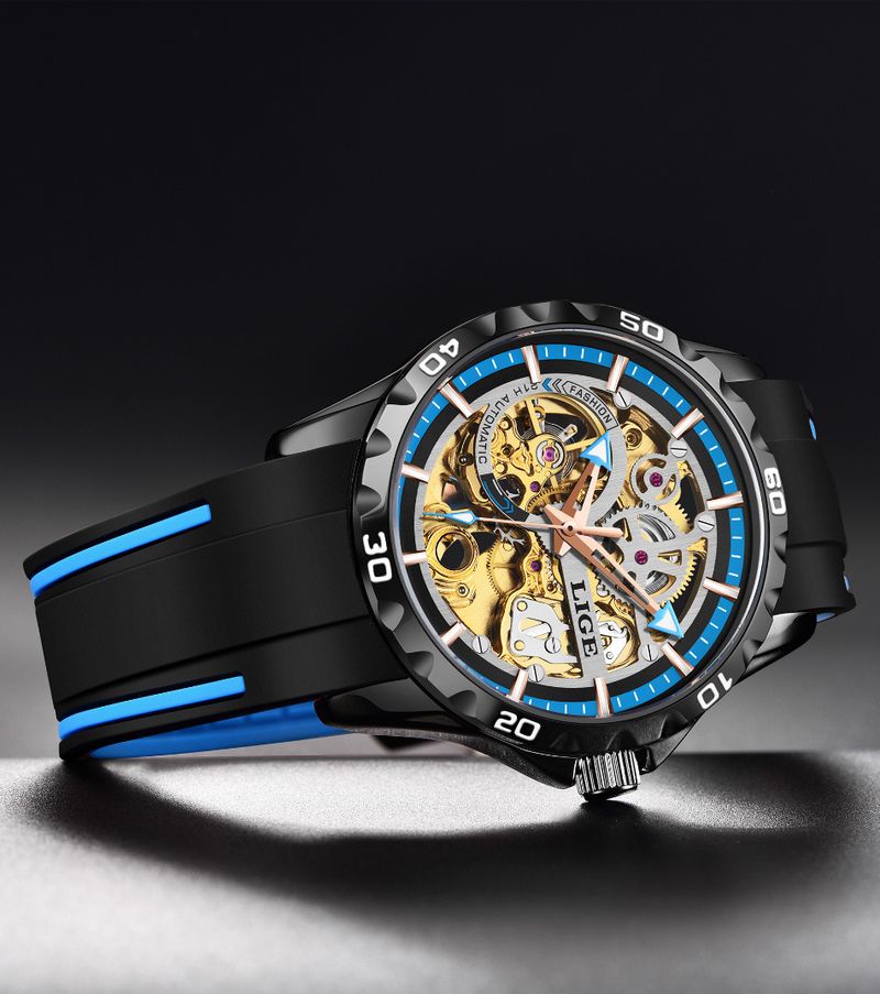 Orologio da polso sportivo automatico scheletrato da uomo con movimento multifunzione impermeabile - Cassa in acciaio inossidabile, vetro minerale, cinturino in silicone_voghion.com