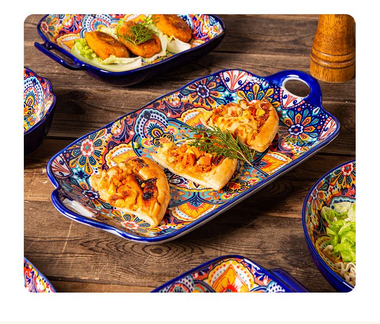 Bohemian Ceramic Dinnerware Set - Underglaze Hand-Painted Bowls & Plates With Handles Vintage Style For Home & Restaurant_voghion.com