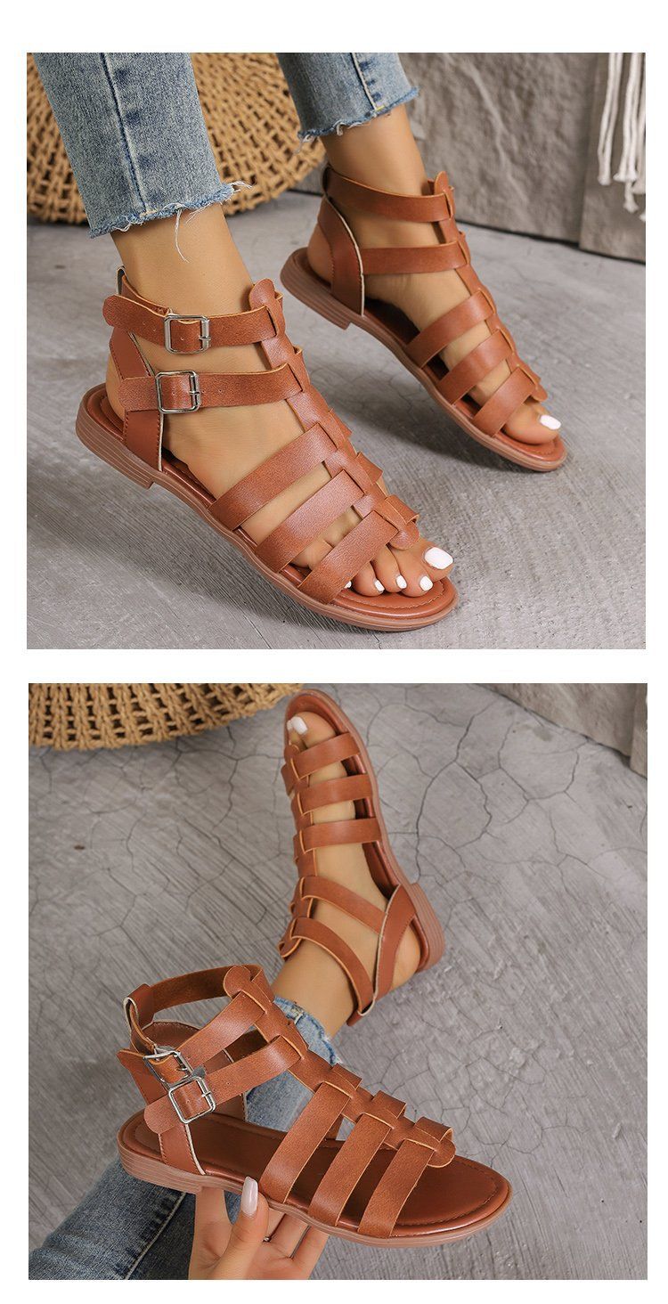 neue einfache, lässige, einfarbige Römersandalen mit offenem Zehenbereich und flachen Sandalen für Damen_voghion.com