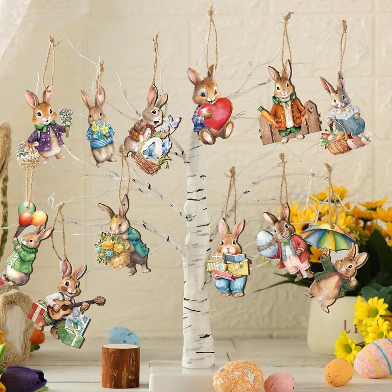 Wood DIY Crafts Wooden Rabbit Ornaments Spring Tree Hanging Easter Happy Rabbit Decorations Rural Spring Wood Hollow_voghion.com