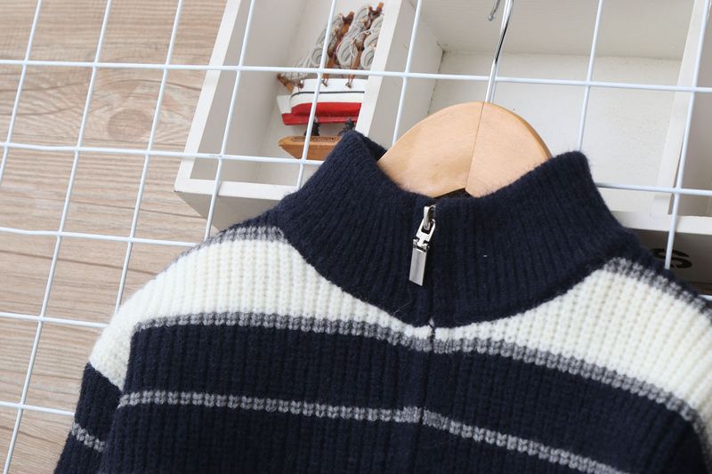 Strickjacke aus Lammwolle für Mutter und Kind, weicher, warmer Strickpullover für große Kinder (ab 8 Jahren), gestreiftes Design, lange Ärmel, Stehkragen (Grau/Marineblau)_voghion.com