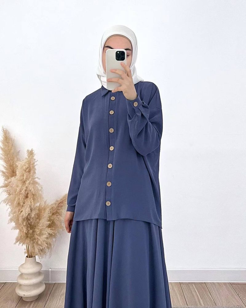2025 Spring Women's Muslim Abaya Two Piece Set Loose Long Sleeve Shirt And Skirt Set Suit Middle East_voghion.com