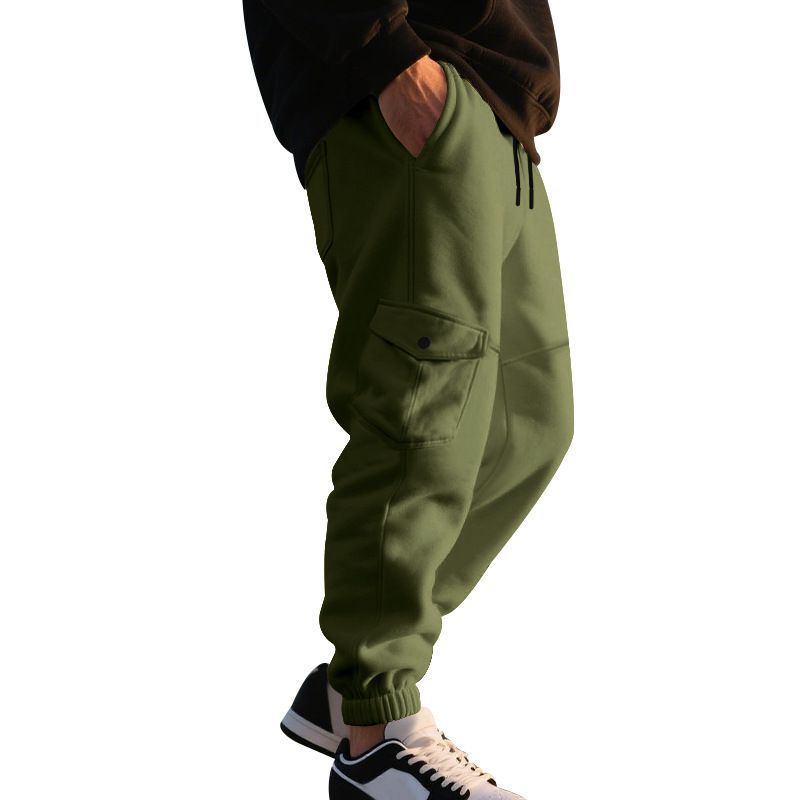 Autumn Winter Fleece Drawstring Men's Loose Casual Sports Multi-Pocket Cargo Pants_voghion.com