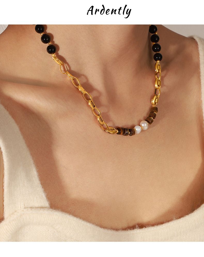 Maillard-Stil Modischer Schmuck aus Titanstahl Tigerauge-Stein Schwarze Achat-Perlenkette Vergoldetes Designgefühl_voghion.com