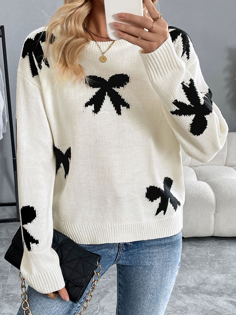 Pull en maille à nœud pour femme – Pull d'hiver doux et confortable, coupe ample, manches longues, motif jacquard (blanc crème)_voghion.com