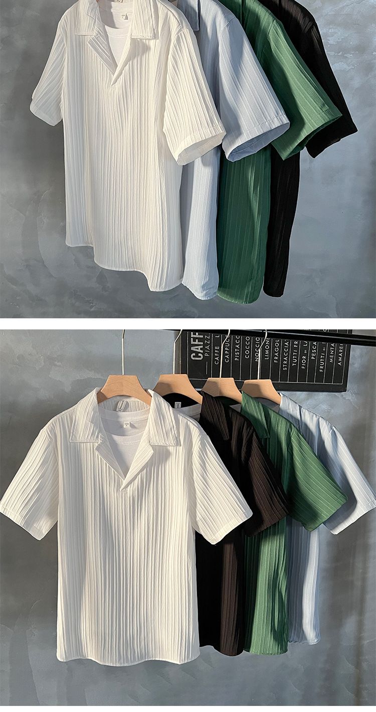 Herrkläder Mogen stil issilke kortärmad pikétröja Herr sommar Trendig Casual T-shirt med mitten av ärm Trendiga halvärmade toppar för män_voghion.com