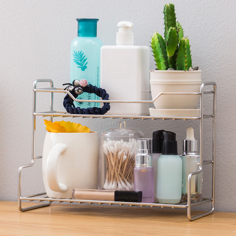Organizador de especiarias de camada dupla para cozinha, banheiro, banheiro, banheiro, armazenamento multifuncional, suporte para cosméticos_voghion.com