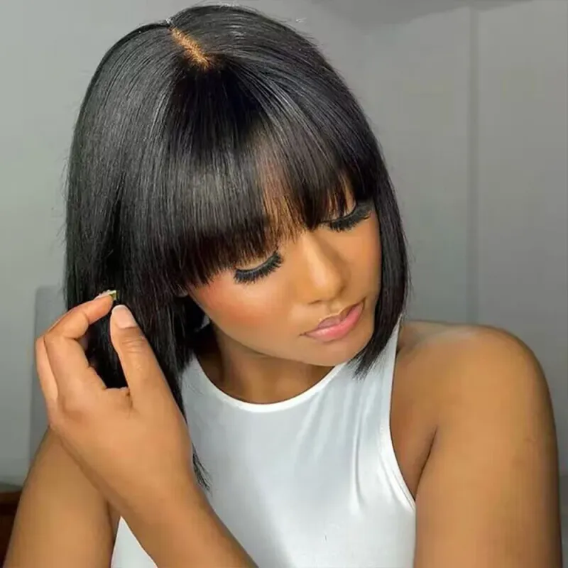 Cheap Short Bob Human Hair Wigs With Bangs Fringe Wig Straight Lace Middle Part for Women_voghion.com